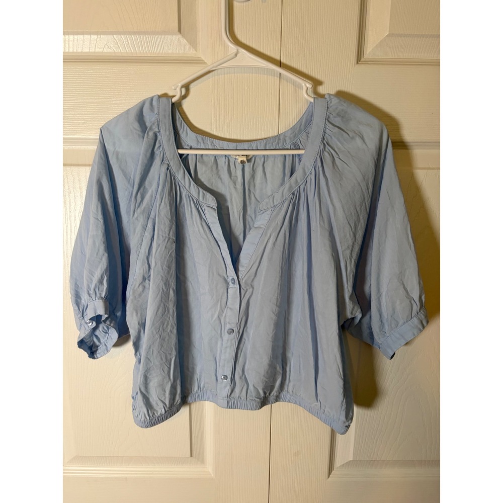 Aerie Light Blue Button Front Puff Sleeve Blouse Elastic Hem Top L 3128708141